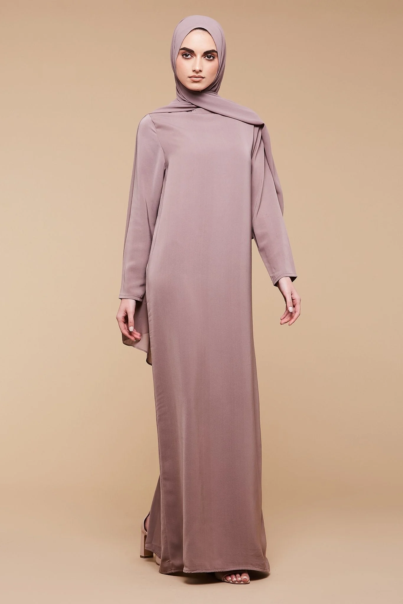Taupe High Classic Neck Abaya - CAVE LONDON
