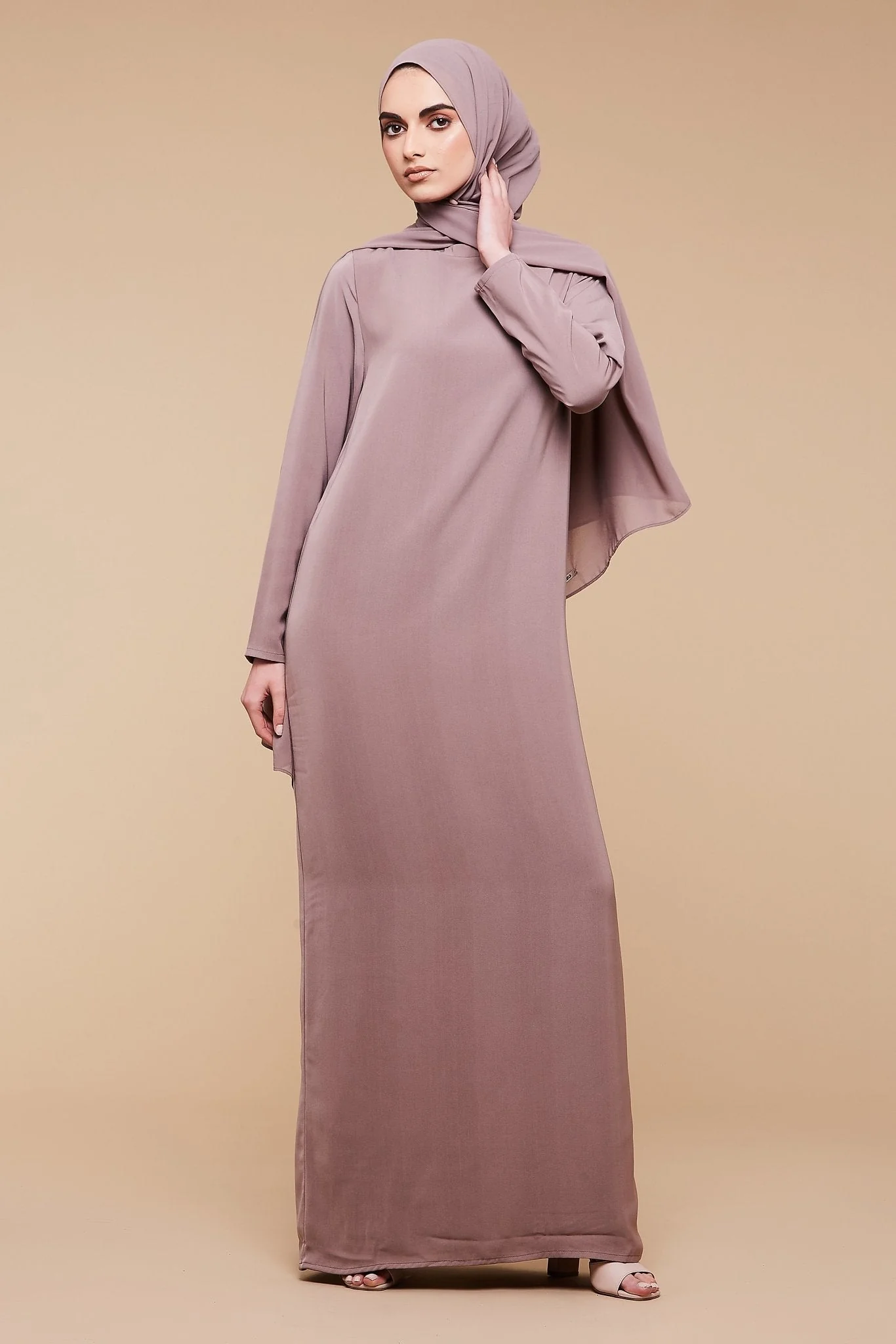 Taupe High Classic Neck Abaya - CAVE LONDON